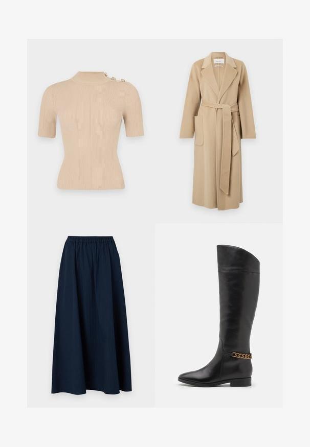 Hosszú bézs gyapjú kabát széles hajtókákkal, két elülső zsebbel és derékban megkötött, hozzáillő övvel.; Beige bordázott kötött felső, magas gallérral, rövid ujjal és három díszgombbal a vállon. Könnyű, testhezálló fazon.; Tengerészkék, teljes hosszúságú szoknya texturált anyagból, rugalmas derékrésszel és finom függőleges csíkozással.; Magas fekete bőrcsizma áramvonalas dizájnnal, hegyes orral és arany lánc díszítéssel a bokán. Alacsony, tömbsarkú. Sima felület.