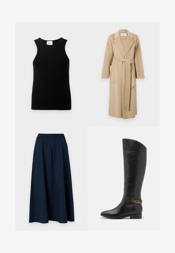 Long beige wool coat with wide lapels, two front pockets, and a matching belt tied at the waist.; Black sleeveless top with a ribbed texture, round neckline, and a fitted shape. Tag shows "DAY" logo.; Navy blue, full-length skirt made from textured fabric with an elastic waistband and subtle vertical stripes.; Tall black leather boots with a sleek design, pointed toe, and a gold chain accent at the ankle. Low block heel. Smooth texture.