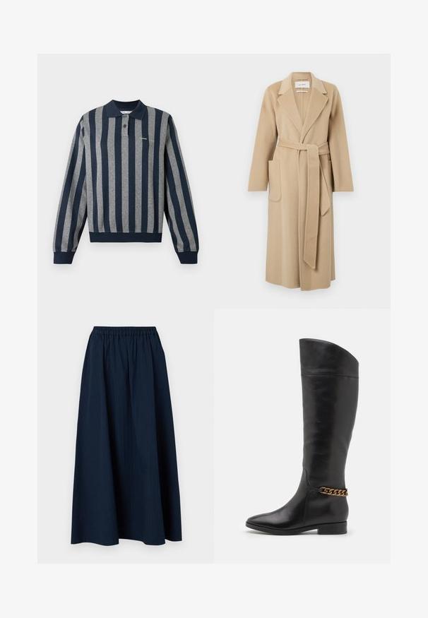 Dlhý béžový vlnený kabát so širokými chlopňami, dvoma prednými vreckami a zodpovedajúcim opaskom viazaným v páse.; Polokošeľa s dlhým rukávom s námorníckymi a sivými vertikálnymi pásikmi, ktorá má golier, zapínanie na gombíky a rebrovaný lem a manžety.; Námornícky modrá, dlhá sukňa vyrobená z textúrovanej tkaniny s elastickým pásom a jemnými vertikálnymi pruhmi.; Vysoké čierne kožené čižmy so štíhlym dizajnom, špicatou špičkou a zlatým reťazovým akcentom na členku. Nízky blokový podpätok. Hladká textúra.