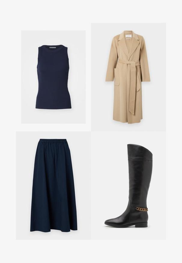 Lång beige ullkappa med breda slag, två framfickor och ett matchande bälte knutet i midjan.; Mörkblå ärmlös topp i ribbat tyg, med en rundad halsringning och en åtsittande silhuett. Enkelt design utan ytterligare dekorationer.; Marinblå, hel längd kjol tillverkad av texturerad tyg med elastisk midja och subtila vertikala ränder.; Höga svarta läderstövlar med en strömlinjeformad design, spetsig tå och en guldkedja vid vristen. Låg klack. Slät yta.
