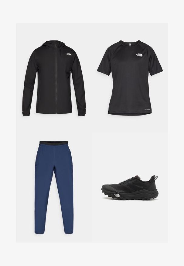 The North Face FONTANALES JACKET - Αδιάβροχο μπουφάν - black; Μαύρο αθλητικό μπλουζάκι με κοντά μανίκια και υφή, με λευκή λογότυπο στο αριστερό στήθος και ίσια ραφή.; Ναυτικό μπλε αθλητικά παντελόνια από ελαφρύ υλικό. Διαθέτουν μαύρη ελαστική μέση και σχέδιο κωνικού ποδιού με ελάχιστες ραφές.; Μαύρο αθλητικό παπούτσι τρεξίματος με υφασμάτινο άνω μέρος, καουτσούκ σόλα και ενισχυμένη μύτη. Διαθέτει επενδεδυμένο κολάρο και θηλιά στα πίσω για εύκολη φορεσιά.