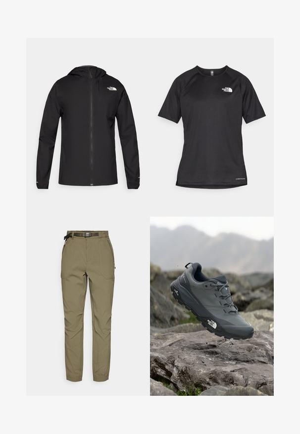 The North Face FONTANALES JACKET - Vodootporna jakna - black; Crna kratkotrajna atletska majica s teksturiranom tkaninom, koja ima bijeli logo na lijevom prsnom dijelu i ravni rub.; Maslinaste hlače od teksturiranog materijala, s remenom, bočnim džepovima i elastičnim manžetama na gležnjevima.; Sive trail trkačka cipela s teksturiranim gornjim dijelom, izdržljivom gumenom potplatom i ojačanim vrhom. Ima vezice i logotip branda sa strane.
