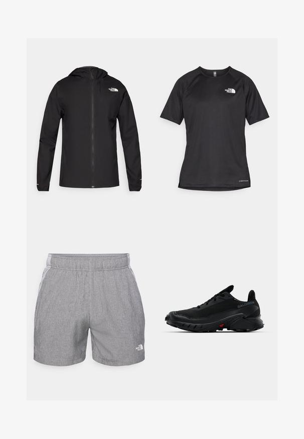 The North Face FONTANALES JACKET - Regnjakke - black; Svart kortermet treningstrøye med strukturert stoff, med en hvit logo på venstre bryst og rett kant.; Grå sportsshorts laget av lett, pustende stoff. Har en elastisk midjebånd og en liten hvit logo på nederste høyre side.; Svarte treningssko med strukturert overdel, avrundet tå og fremtredende gummisåle. Har en logo på siden og røde detaljer på sålen.