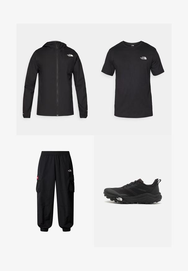 The North Face FONTANALES JACKET - Vodootporna jakna - black; Crna majica kratkih rukava od pamuka, s okruglim izrezom i malim bijelim logotipom na gornjem lijevom dijelu prsnog koša.; The North Face HIMALAYAN - Cargo hlače - tnf black; Crne trail trkačke cipele s teksturiranim gornjim dijelom, gumeni potplat i ojačana zaštita za prste. Imaju podstavljen ovratnik i trakicu za lakše obuvanje.