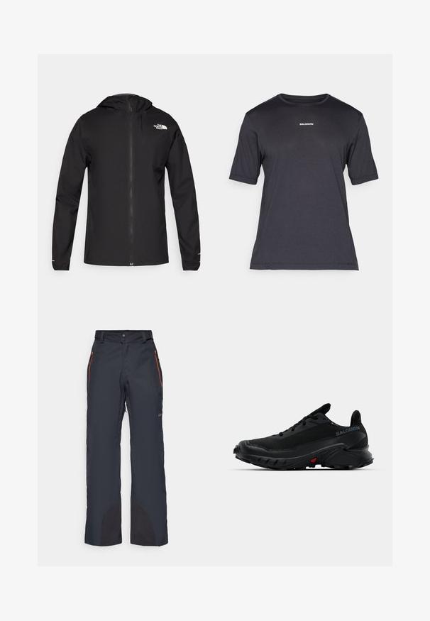 The North Face FONTANALES JACKET - Regenjacke / wasserabweisende Jacke - black; Schwarzes Kurzarm-Performance-T-Shirt aus atmungsaktivem Material, mit einem runden Halsausschnitt und kleinem weißen "SALOMON"-Logo auf der Brust.; Skihosen in dunklem Marineblau, mit orangefarbenen Reißverschlusstaschen, einem Druckknopfverschluss und kontrastierenden schwarzen unteren Paneelen für Langlebigkeit.; Schwarze Sportschuhe mit einer strukturierten Oberfläche, runder Zehenpartie und auffälliger Gummisohle. Sie verfügen über ein Logo an der Seite und rote Akzente auf der Sohle.