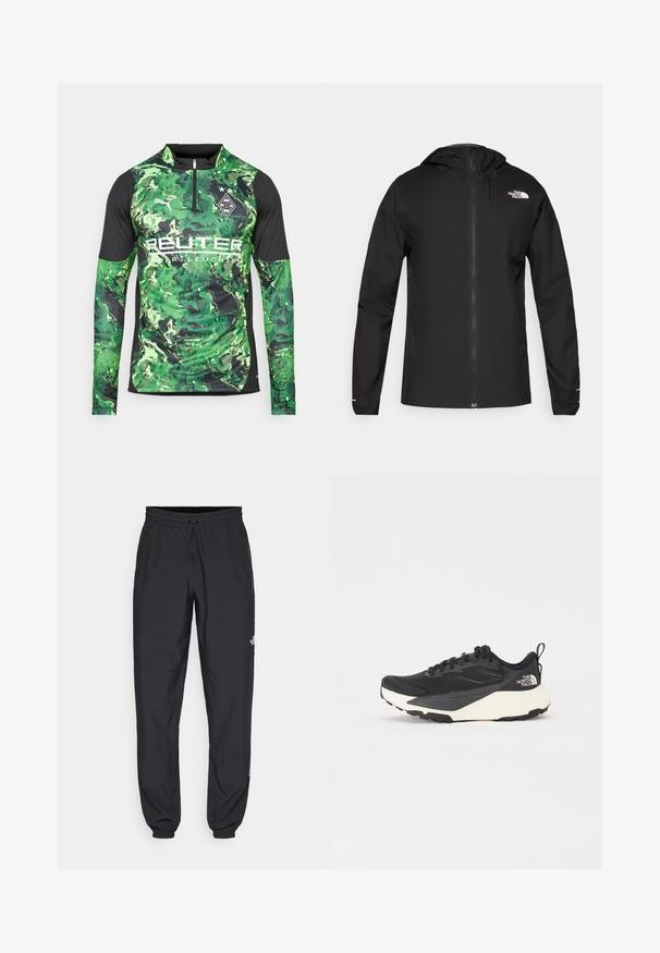 The North Face FONTANALES JACKET - Sadetakki - black; Pitkähihainen urheilupaita, jossa on vihreä kenttäkammio, mustat yksityiskohdat, etuvetoketju ja logo rinnan kohdalla brändin tunnistamista varten.; Mustat urheiluhousut, jotka on valmistettu kevyestä kankaasta. Housuissa on naru vyötäröllä, sivutaskut ja kapenevat hihnat nilkoissa.; Musta urheilujuoksukenkä, jossa on teksturoitu verkkomateriaali, kiinteät mustat yksityiskohdat ja valkoinen kevyt ulkopohja. Varustettu nauhakiinnityksellä ja vetonipulla.