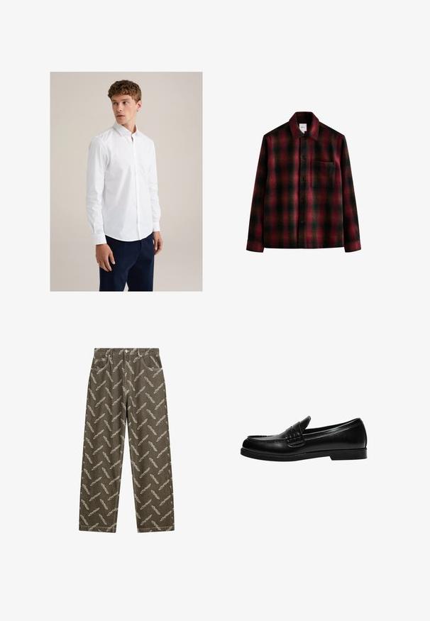 Punainen ja musta ruudullinen flanellipaita, jossa on kaulus, etulaukku ja nappisuljenta. Pehmeä pinta, pitkät hihat ja suora helma.; Nuori mies, jolla on kihara hius, pukeutuneena istuvaan valkoiseen nappipaitaan ja tummansinisiin housuihin, seisoo tasaisella beigeruudullisella taustalla.; Khaki farkkuhousut, joissa on kevyessä beigessä toteutettu höyhenkuvio. Rennot istuvuus, tavalliset taskut ja kontrastipistoja.; Musta nahka loaferi, jossa on sileä pinta, ja joka sisältää ommeltuja yksityiskohtia vampissa sekä matalan, kiinteän mustan kumipohjan.