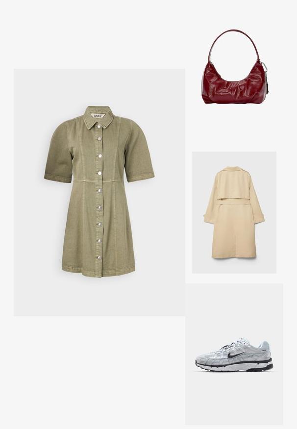 Beżowy trench z krótkim tylnym hemem, długimi rękawami i paskiem. Wykonany z gładkiego materiału, posiada wykładany kołnierz i boczne rozcięcia.; Krótkie rękawy, oliwkowa sukienka dżinsowa z guzikami z przodu, kołnierzykiem i pionowymi szwami. Gładka faktura i dopasowany krój w talii.; Nike P-6000 sneakers z jasnoszarym siateczkowym wierzchem, czarnymi akcentami i trwałą czarną gumową podeszwą. Charakteryzują się skomplikowanym wzornictwem i systemem sznurowania.; Burgundowa torba na ramię wykonana z błyszczącego materiału, z zakrzywionym kształtem i marszczoną fakturą. Posiada krótką rączkę i widoczny zamek błyskawiczny.