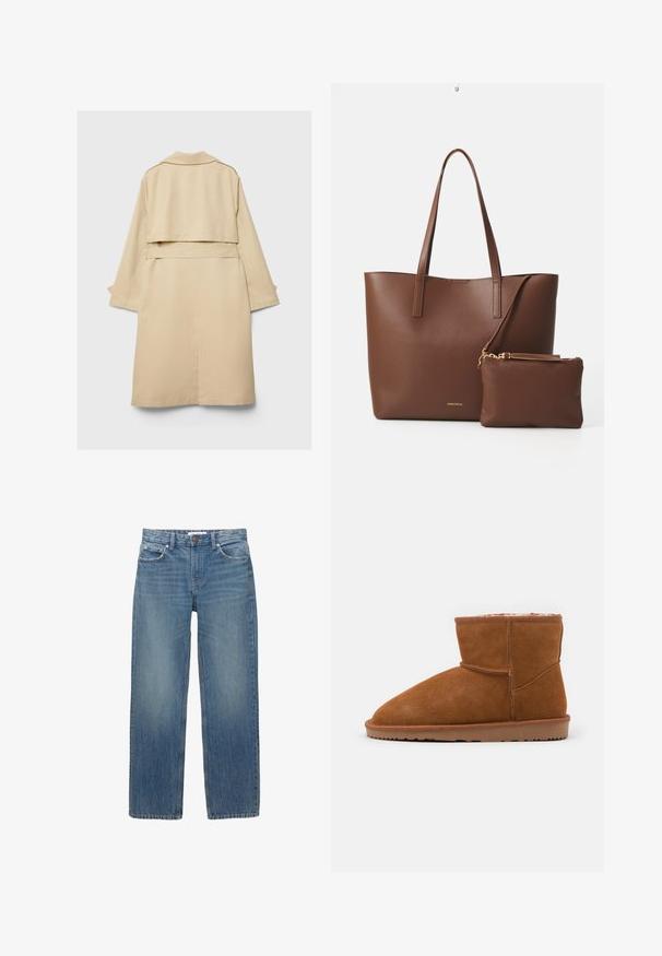 Bež baloner s kratkim stražnjim rubom, dugim rukavima i remenom. Izrađen od glatkog materijala, ima reverasti ovratnik i bočne proreze.; Bežani pleteni pulover s okruglim izrezom, dugim rukavima i rebrastim rubom. Mekani, teksturirani materijal s opuštenim krojem.; Svijetloplave traperice ravnog kroja, s pet džepova i hardverom u boji bakra. Tkanina ima blago izblijedjelu boju i glatku teksturu.; Smešane antilop čizme do gležnja s okruglim vrhom i mekim podstavljanjem, koje imaju ravni gumeni đon i minimalne detalje šivanja.; Smeđa torba od umjetne kože s dva duga ručka i odgovarajućom malom torbicom. Površina ima teksturirani uzorak i zlatne metalne detalje.