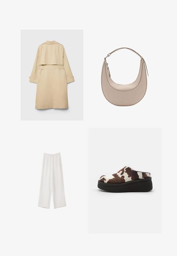 Béžový trenčkot s krátkym zadným lemom, dlhými rukávmi a opaskom. Vyrobený z hladkej látky, má jemne vykrojený golier a bočné rozparky.; Béžový skrátený sveter vyrobený z mäkkého pleteného materiálu. Má okrúhly výstrih, dlhé rukávy a rebrované manžety a lem pre dodatočnú textúru.; Biele široké nohavice vyrobené z ľahkej tkaniny. Obsahujú elastický pás so sťahovacou šnúrkou a bočné vrecká. Hladká textúra.; Hnedé a biele platformové dreváky s motívom kravy, so silným vrchným dielom, zaoblenou špičkou a odolnou čiernou gumovou podrážkou. Švy na spodnej strane.; Béžová kožená taška cez rameno s polkruhovým tvarom, hladkou textúrou a jedným zakriveným uchom. Obsahuje zipsové uzatváranie a úhľadné švy.