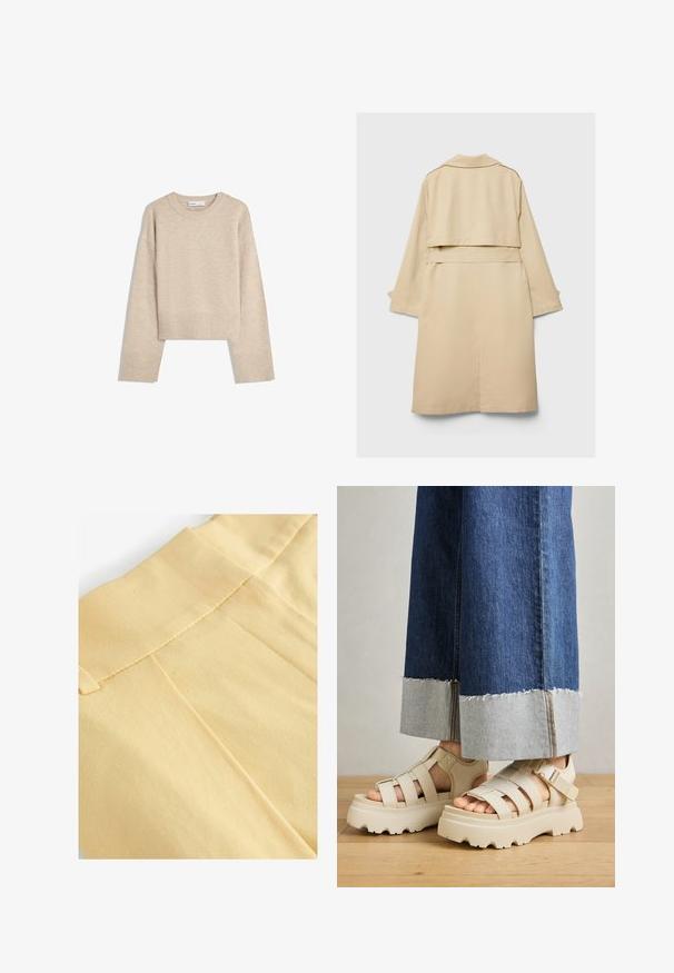 Bež baloner s kratkim stražnjim rubom, dugim rukavima i remenom. Izrađen od glatkog materijala, ima reverasti ovratnik i bočne proreze.; Bežani skraćeni pulover napravljen od mekog pletenog materijala. Ima okrugli izrez, duge rukave i rebraste manžete i porub za dodatnu teksturu.; Žuta tkanina izbliza s glatkom teksturom, koja ima šivenu struk traku i suptilne nabore.; Bež platforme sandale s debelim potplatima imaju dizajn s trakama i podesivim remenima oko gležnja. Nanesene su uz široke traperice, a jedna nogavica je pohabana.