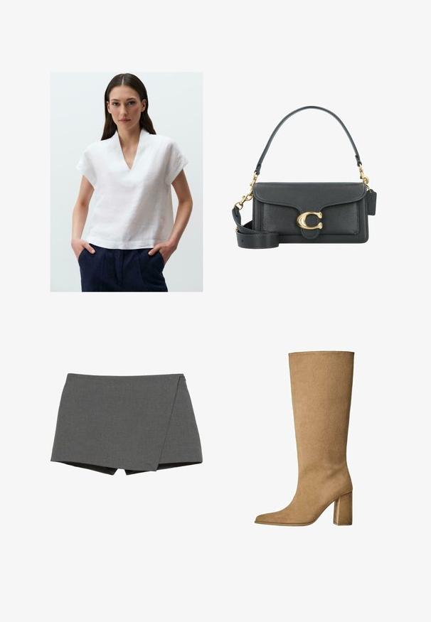 Beige Trenchcoat mit einem kurzen hinteren Saum, langen Ärmeln und einem Gürtel. Aus glattem Stoff gefertigt, verfügt er über einen eingekerbten Kragen und seitliche Schlitze.; Weißes Leinenoberteil mit V-Ausschnitt und kurzen Ärmeln. Der Stoff hat eine strukturierte Oberfläche und wird mit dunkelblauen Hosen kombiniert.; Grau gewickelte Shorts aus glattem Stoff, mit diagonalem Schnitt und sauberen Kanten. Keine sichtbaren Beschläge oder Verzierungen.; Hellbraune Wildleder-Stiefel bis zum Knie mit Blockabsatz, spitz zulaufender Zehenform und glatter Textur. Minimalistisches Design ohne Verzierungen.; Schwarze Lederhandtasche mit goldenen Hardware-Akzenten, ausgestattet mit einem charakteristischen Verschluss, einem abnehmbaren Schultergurt und einer strukturierten Oberfläche.