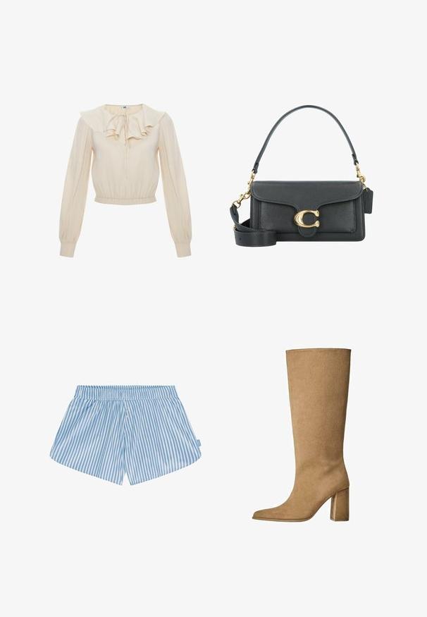 Beige Trenchcoat mit einem kurzen hinteren Saum, langen Ärmeln und einem Gürtel. Aus glattem Stoff gefertigt, verfügt er über einen eingekerbten Kragen und seitliche Schlitze.; Cremefarbige Bluse mit einem Rüschenausschnitt und einer Frontschnürung. Sie hat lange, durchsichtige Ärmel und einen Gummizug in der Taille für eine figurbetonte Passform.; Blaue und weiße gestreifte Shorts mit elastischem Bund, zwei Knöpfen auf der Vorderseite und entspannter Passform. Der Stoff wirkt glatt und hat eine leichte Textur.; Hellbraune Wildleder-Stiefel bis zum Knie mit Blockabsatz, spitz zulaufender Zehenform und glatter Textur. Minimalistisches Design ohne Verzierungen.; Schwarze Lederhandtasche mit goldenen Hardware-Akzenten, ausgestattet mit einem charakteristischen Verschluss, einem abnehmbaren Schultergurt und einer strukturierten Oberfläche.