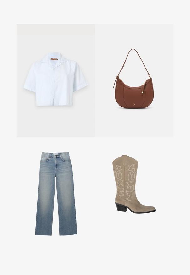 Béžový trenčkot s krátkým zadním lemem, dlouhými rukávy a páskem. Vyroben z hladké látky, má klopový límec a boční rozparky.; Krátký rukáv košile ve světle modré barvě s tenkými bílými pruhy, zapínání na knoflíky a rozepnutým límcem. Vyrobena z lehkého materiálu.; Světle modré široké džíny vyrobené z denimu, s vysokým pasem, předními kapsami a knoflíkovým zapínáním. Hladká textura se zeslabenými oblastmi.; PULL&BEAR Kovbojské/motorkářské kozačky - taupe; Hnědá kabelka přes rameno z umělé kůže s zakřiveným tvarem, minimálním prošíváním a zlatým kovovým akcentem. Disponuje vrchním zipovým uzavíráním a nastavitelným popruhem.