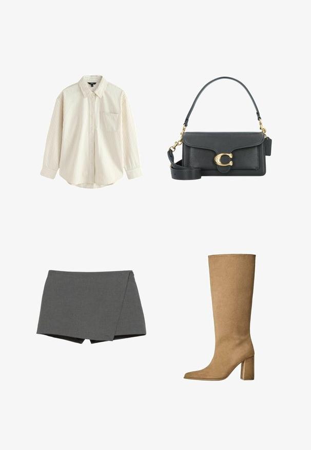 Beige trenchcoat met een korte achterkant, lange mouwen en een riem. Gemaakt van gladde stof, met een geknipt kraag en zijopeningen.; Lichtbeige button-up shirt met dunne blauwe verticale strepen, lange mouwen, een borstzak en een ronde zoom. Zachte stofstructuur.; Grijze wikkelstijl shorts van een gladde stof, met een diagonale snit en strakke randen. Geen zichtbare hardware of versieringen.; Tan kleurige suède laarzen tot de knie met een blokhak, voorzien van een spitse neus en een gladde textuur. Minimalistisch ontwerp zonder versieringen.; Zwarte leren handtas met een gouden hardware accent, voorzien van een kenmerkende sluiting, een afneembare schouderband en een ge textureerd oppervlak.