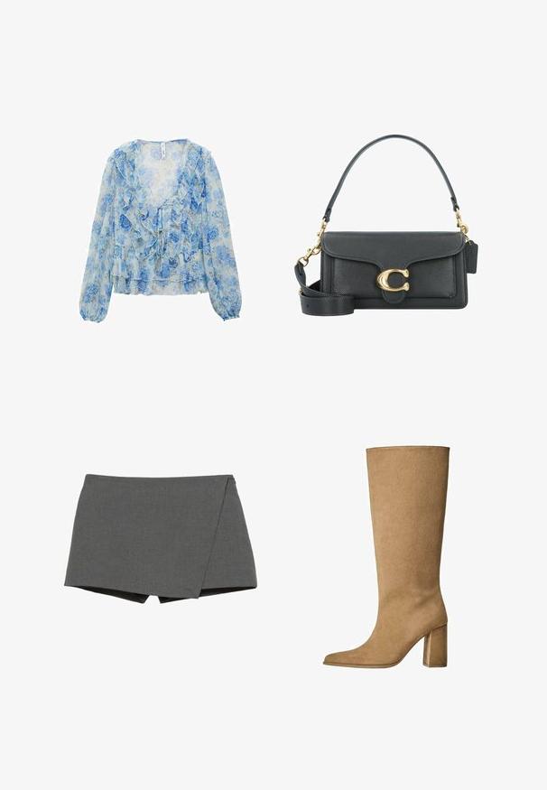Trench coat beige con orlo posteriore corto, maniche lunghe e cintura. Realizzato in tessuto morbido, presenta un colletto a punte e fessure laterali.; Blusa floreale in tessuto trasparente azzurro chiaro e bianco. Caratterizzata da bordi arricciati, maniche lunghe e un frontale con lacci. Texture morbida e leggera.; Pantaloni corti avvolgenti grigi realizzati in tessuto liscio, con un taglio diagonale e bordi puliti. Nessun hardware o decorazione visibile.; Stivale al ginocchio in suede beige con tacco a blocco, caratterizzato da una punta affusolata e una superficie liscia. Design minimalista senza decorazioni.; Borsa a tracolla in pelle nera con accessori in metallo dorato, dotata di una chiusura distintiva, di una tracolla rimovibile e di una superficie texturizzata.