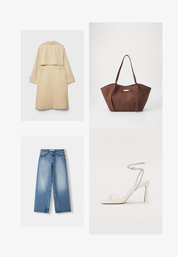 Béžový trenčkot s krátkým zadním lemem, dlouhými rukávy a páskem. Vyroben z hladké látky, má klopový límec a boční rozparky.; Bílý top s výstřihem do V a krátkým rukávem vyrobený ze žebrované látky. Má přiléhavý střih a hladkou texturu, s čistým a jednoduchým vzhledem.; Světlé modré džíny s volným střihem, širokými nohavicemi a vybledlými částmi. Vyrobené z džínoviny s klasickým pětipocket designem a zapínáním na vrchní knoflík.; Bílé sandály na podpatku se štíhlým páskem kolem kotníku a dvěma předními pásky. Hladká kožená textura se čtveratou špičkou a lesklým podpatkem.; Anna Field AWH-SL1830 - Kabelka - brown 