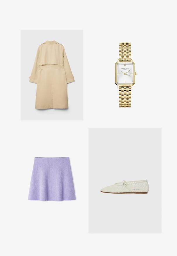 Beige trenchcoat met een korte achterkant, lange mouwen en een riem. Gemaakt van gladde stof, met een geknipt kraag en zijopeningen.; Witte mouwloze top met een gedrapeerde achterkant, gemaakt van een gladde stof. Heeft een ronde halslijn en een losse, relaxte pasvorm.; Lila uitlopende rok gemaakt van gestructureerde stof. Heeft een hoge taille en A-lijn vorm, wat zorgt voor een mooie silhoutte en flow.; Crème-kleurige mesh balletschoen met een spitse neus en verstelbare band. Heeft een textuur bovenkant en een platte, brown zool.; Gouden rechthoekige horloge met een gladde, witte wijzerplaat, voorzien van een gestructureerd ontwerp, gouden uurmarkeringen en een metalen armband in schakelstijl.