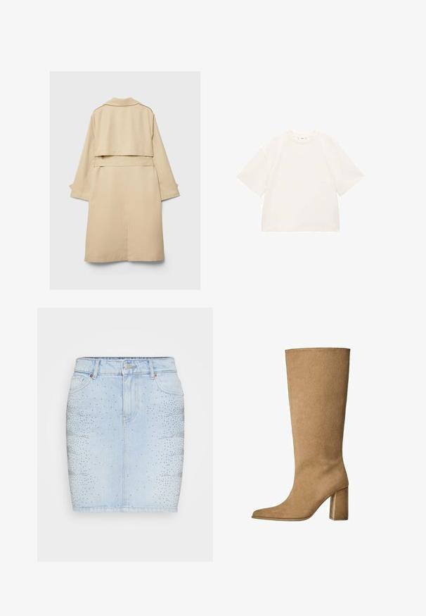Bež plašč z usnjem, kratek hrbtni del, dolgi rokavi in pasom. Narejen iz gladkega materiala, ima zarezani ovratnik in stranske razpokane.; Prevelika bela bombažna majica s kratkimi rokavi, okroglo izrezom in gladko teksturo. Brez vzorcev ali vidnih kovinskih detajlov.; Svijetloplavi traper suknja sa prilagođenim dizajnom, srednjim strukom i ukrašena srebrnim zakovicama u gradijentnom uzorku s jedne strane.; Tanki suede škornji do kolen v bež barvi z blok peto, z ošiljenim nosom in gladko teksturo. Minimalističen dizajn brez okraskov.