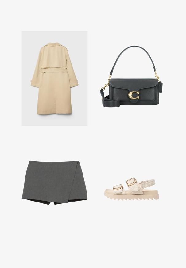 Beige trenchcoat med en kort bagkant, lange ærmer og et bælte. Fremstillet af glat stof, med en skårede krave og sideskårne slids.; Overdimensioneret hvid bomulds t-shirt med korte ærmer, rund halsudskæring og glat tekstur. Ingen mønstre eller synlige hardware detaljer.; Grå indpakningsshorts lavet af glat stof, med et diagonalt snit og rene kanter. Ingen synligt hardware eller udsmykninger.; Lys beige sandaler med strukturerede stofremme og hardware i guldfarve. Chunky sålen har zigzag mønster for ekstra greb og stabilitet.; Sorte læderhåndtaske med et gyldent hardware-udstyr, der har en signaturlås, en aftagelig skulderrem og en tekstureret overflade.