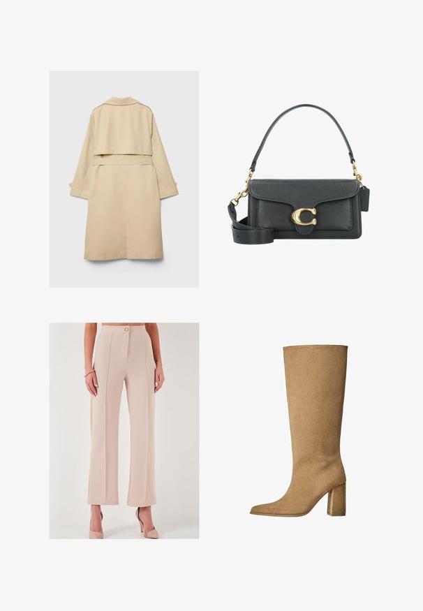 Bež baloner s kratkim stražnjim rubom, dugim rukavima i remenom. Izrađen od glatkog materijala, ima reverasti ovratnik i bočne proreze.; Preveliki bijeli pamučni majica s kratkim rukavima, okruglim izrezom i glatkom teksturom. Bez uzoraka ili vidljivih detalja od hardvera.; Bež traperice s visokim strukom i širokim nogavicama, izrađene od teksturirane tkanine, s prednjim zatvaranjem na gumbe i bočnim džepovima, s čistim završetkom.; Bež nubuk čizme do koljena s blok potplatom, s izduženim vrhom i glatkom teksturom. Minimalistički dizajn bez ukrasa.; Crna kožna torba s zlatnim hardverom, koja ima prepoznatljivu kopču, odvojivi remen za ramen, te teksturiranu površinu.