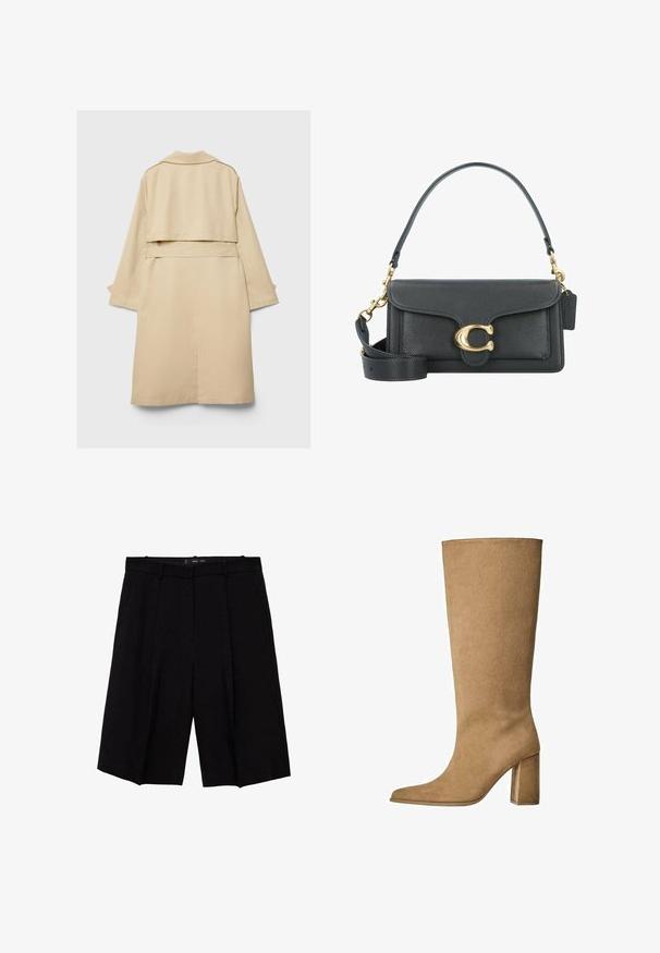 Bež plašč z usnjem, kratek hrbtni del, dolgi rokavi in pasom. Narejen iz gladkega materiala, ima zarezani ovratnik in stranske razpokane.; Prevelika bela bombažna majica s kratkimi rokavi, okroglo izrezom in gladko teksturo. Brez vzorcev ali vidnih kovinskih detajlov.; Črne kratke hlače po meri z širokimi nogavicami, ki imajo pri sprednjem delu nabore. Narejene so iz gladkega materiala in so zasnovane za strukturiran fit.; Tanki suede škornji do kolen v bež barvi z blok peto, z ošiljenim nosom in gladko teksturo. Minimalističen dizajn brez okraskov.; Črna usnjena torbica z zlatim okovjem, ki se ponaša s prepoznavnim zapiralom, odstranljivim ramenskim trakom in teksturirano površino.