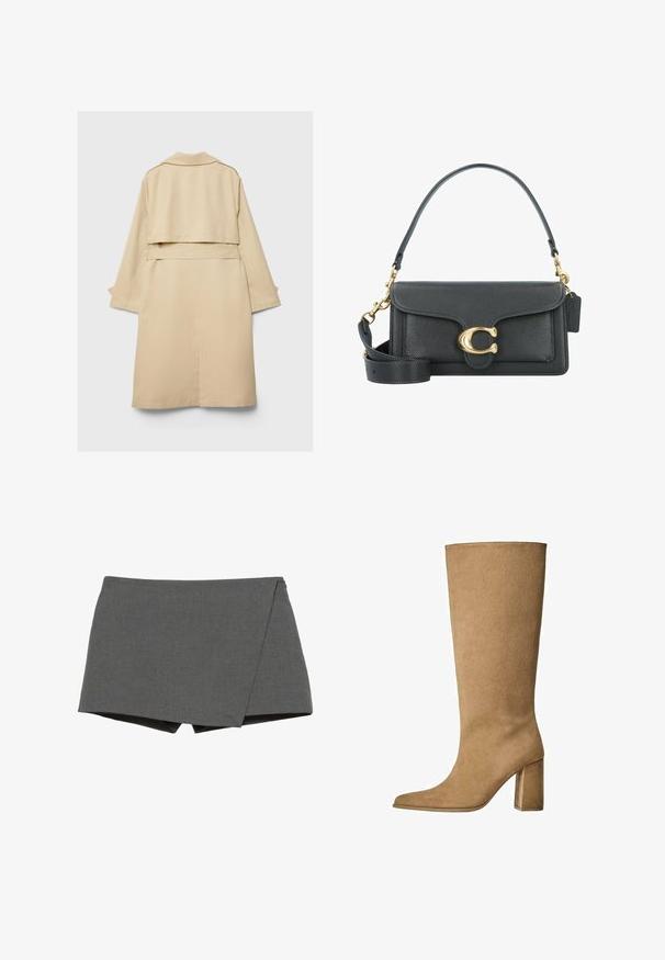 Beige Trenchcoat mit einem kurzen hinteren Saum, langen Ärmeln und einem Gürtel. Aus glattem Stoff gefertigt, verfügt er über einen eingekerbten Kragen und seitliche Schlitze.; Übergroßes weißes Baumwoll-T-Shirt mit kurzen Ärmeln, rundem Ausschnitt und glatter Textur. Keine Muster oder sichtbaren Hardwaredetails.; Grau gewickelte Shorts aus glattem Stoff, mit diagonalem Schnitt und sauberen Kanten. Keine sichtbaren Beschläge oder Verzierungen.; Hellbraune Wildleder-Stiefel bis zum Knie mit Blockabsatz, spitz zulaufender Zehenform und glatter Textur. Minimalistisches Design ohne Verzierungen.; Schwarze Lederhandtasche mit goldenen Hardware-Akzenten, ausgestattet mit einem charakteristischen Verschluss, einem abnehmbaren Schultergurt und einer strukturierten Oberfläche.