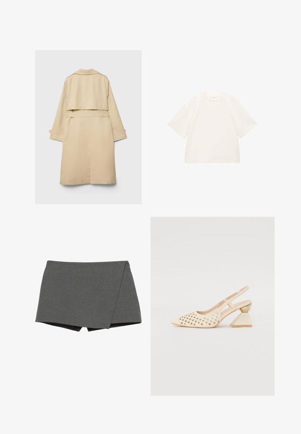 Beige trench coat with a short back hem, long sleeves, and a belt. Made of smooth fabric, features a notched collar and side slits.; Oversized white cotton t-shirt with short sleeves, round neckline, and smooth texture. No patterns or visible hardware details.; Gray wrap-style shorts made of smooth fabric, featuring a diagonal cut and clean edges. No visible hardware or embellishments.; Beige slingback shoe with perforated upper, pointed toe, and a contrasting triangular heel featuring a gold accent. Smooth texture overall.