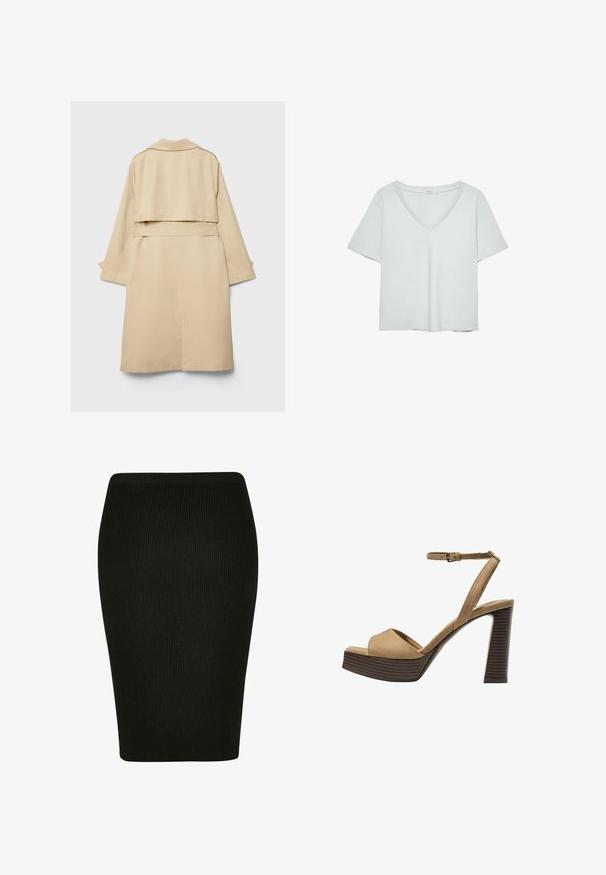 Beige trench coat dengan hem belakang pendek, lengan panjang, dan sabuk. Terbuat dari kain halus, memiliki kerah bergerigi dan celah samping.; Vaaleanharmaa lyhythihainen T-paita, jossa on V-pääntie, valmistettu pehmeästä materiaalista; sisältää rentoa istuvuutta ja siistiä viimeistelyä ilman kuvioita.; Mustat ribatut kynähameet, joissa on istuva muoto. Ominaisuuksiin kuuluu korkea vyötärö ja teksturoitu kangas, joka tarjoaa sileän siluetin.; Beige-nahkareunaiset korkokengät, joissa on leveä etuolka ja ankle strap, varustettu paksulla puukengän korolla, jossa on tekstuuripinta.
