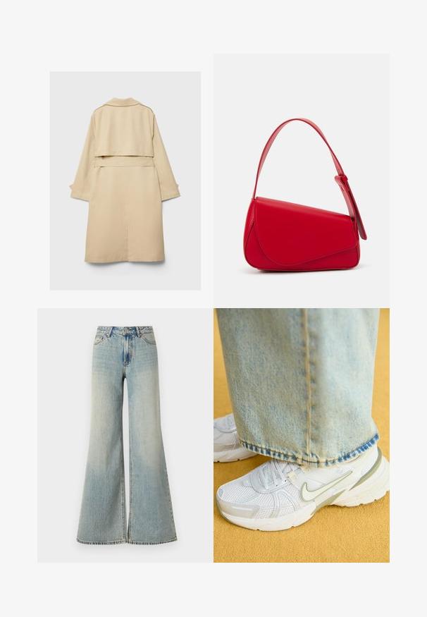 Trench coat beige con orlo posteriore corto, maniche lunghe e cintura. Realizzato in tessuto morbido, presenta un colletto a punte e fessure laterali.; T-shirt bianco a maniche corte realizzato in cotone. Presenta un collo tondo e una vestibilità rilassata. Texture liscia senza motivi o dettagli visibili.; Jeans ampi di colore blu chiaro con vita alta, caratterizzati da una finitura sbiadita, tasche frontali e una leggera incisione in fondo alle gambe.; Sneakers atletici bianchi con tomaia in rete, accenti verdi, suola testurizzata, abbinati a jeans in denim blu chiaro con orlo sfrangiato.; Borsa a tracolla in pelle rossa con un design angolare e geometrico. Presenta una singola tracolla regolabile e una chiusura a patta con dettagli cuciti.