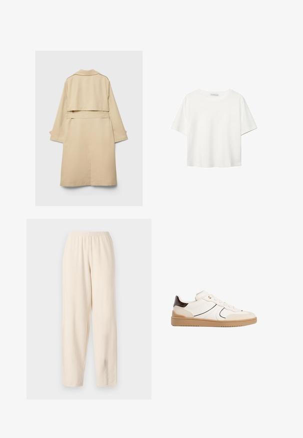 Bež plašč z usnjem, kratek hrbtni del, dolgi rokavi in pasom. Narejen iz gladkega materiala, ima zarezani ovratnik in stranske razpokane.; Bela kratka majica s kratkimi rokavi iz bombaža. Ima okroglo izrezovanje in sproščen kroj. Gladka tekstura brez vidnih vzorcev ali poudarkov.; Kremne hlače z elastičnim pasom in ohlapnim krojem, z gladko teksturo in ravnim krojem, brez vidnih žepov ali dodatnih podrobnosti.; Stradivarius Športni copati - white
