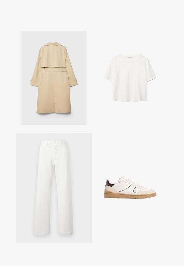 Bež baloner s kratkim stražnjim rubom, dugim rukavima i remenom. Izrađen od glatkog materijala, ima reverasti ovratnik i bočne proreze.; Bijela majica kratkih rukava od pamuka. Ima okrugli izrez i opušteni kroj. Glatka tekstura bez vidljivih uzoraka ili naglasaka.; Bijele pamučne hlače ravnog kroja, s prednjim zatvaračem na dugme i patent, omčama za remen i suptilnim teksturiranim tkanjem.; Stradivarius Tenisice - white