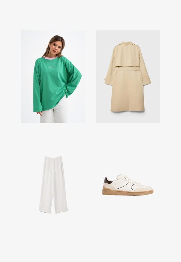 Trench coat beige con orlo posteriore corto, maniche lunghe e cintura. Realizzato in tessuto morbido, presenta un colletto a punte e fessure laterali.; Camicia a maniche lunghe a righe verdi con una vestibilità morbida, dotata di colletto rosa e sottile dettaglio del logo sul davanti. Tessuto in misto cotone.; Pantaloni a gamba larga bianchi realizzati in un tessuto leggero. Presentano una vita elastica con cordoncino e tasche laterali. Texture liscia.; Stradivarius Sneakers basse - white