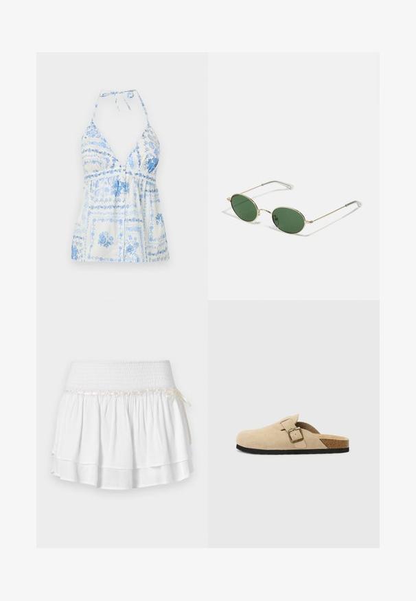 Beige trench coat with a short back hem, long sleeves, and a belt. Made of smooth fabric, features a notched collar and side slits.; Blue and white printed halter top with a deep v-neck, gathered waist, and floral patterns, featuring adjustable neck ties and button details.; White tiered skirt with an elastic waistband, featuring a textured smocking detail and a decorative ribbon accent. Cotton fabric.; Beige suede slide-on clogs with a cork footbed, rounded toe, and a simple strap featuring a gold-tone buckle. Rubber sole for grip.; Gold-framed sunglasses with green oval lenses and thin metal arms. Features clear plastic tips on the arms for comfort.; Woven straw basket bag with brown leather accents, two handles, and a detachable strap. Curved shape with a sturdy base.