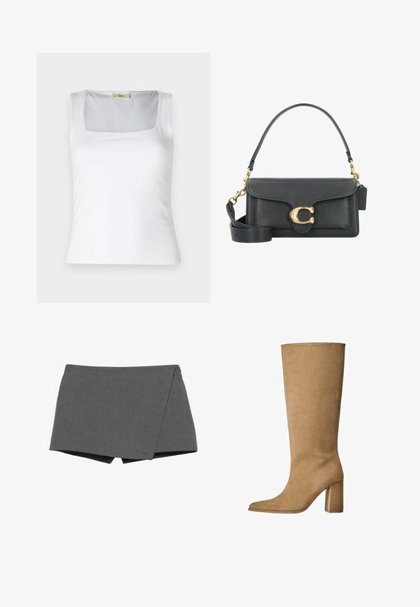 Bež plašč z usnjem, kratek hrbtni del, dolgi rokavi in pasom. Narejen iz gladkega materiala, ima zarezani ovratnik in stranske razpokane.; Bela majica s kvadratnim izrezom, izdelana iz gladkega materiala. Ima široke naramnice in oprijet silhueto. Brez vidnih vzorcev ali okraskov.; Sive kratke hlače v ovitem stilu, izdelane iz gladkega materiala, z diagonalnim rezom in čistimi robovi. Brez vidne strojne opreme ali okrasnih elementov.; Tanki suede škornji do kolen v bež barvi z blok peto, z ošiljenim nosom in gladko teksturo. Minimalističen dizajn brez okraskov.; Črna usnjena torbica z zlatim okovjem, ki se ponaša s prepoznavnim zapiralom, odstranljivim ramenskim trakom in teksturirano površino.