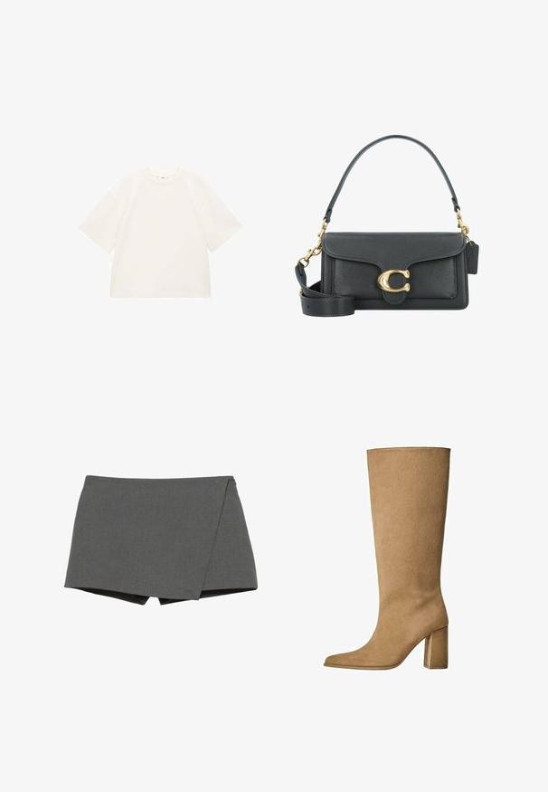 Trench coat beige con orlo posteriore corto, maniche lunghe e cintura. Realizzato in tessuto morbido, presenta un colletto a punte e fessure laterali.; T-shirt bianca di cotone oversize con maniche corte, scollatura rotonda e superficie liscia. Senza motivi o dettagli metallici visibili.; Pantaloni corti avvolgenti grigi realizzati in tessuto liscio, con un taglio diagonale e bordi puliti. Nessun hardware o decorazione visibile.; Stivale al ginocchio in suede beige con tacco a blocco, caratterizzato da una punta affusolata e una superficie liscia. Design minimalista senza decorazioni.; Borsa a tracolla in pelle nera con accessori in metallo dorato, dotata di una chiusura distintiva, di una tracolla rimovibile e di una superficie texturizzata.