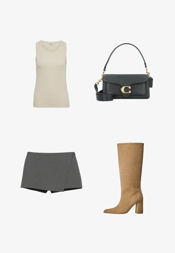 Beige trench coat dengan hem belakang pendek, lengan panjang, dan sabuk. Terbuat dari kain halus, memiliki kerah bergerigi dan celah samping.; Vaaleanbeige tanktoppi, jossa on pyöreä kaula-aukko ja leveät olkaimet. Valmistettu ribbikankaasta, siinä on yksinkertainen, saumaton muotoilu.; Harmaat kietaisuhousut, jotka on valmistettu sileästä kankaasta, ja joissa on viisteleikkaus sekä siistit reunat. Ei näkyvää metallia tai koristeita.; Vaaleanruskeat mokka pitkävartiset saappaat, joissa on loiva korko, terävä kärki ja sileä pinta. Minimalistinen muotoilu ilman koristeita.; Mustapahalla varustettu käsilaukku, jossa on kultaiset yksityiskohdat, allekirjoitusklipsi, irrotettava olkahihna ja teksturoitu pinta.