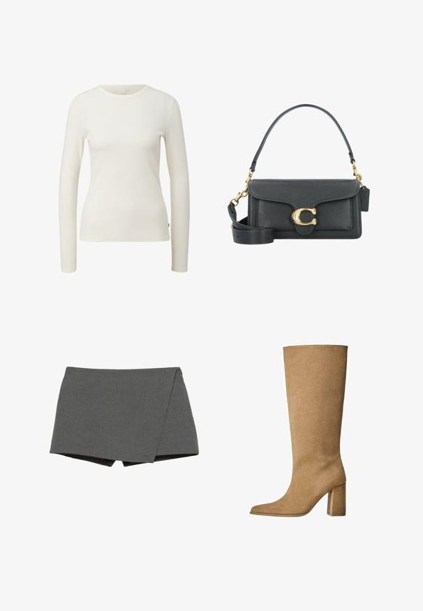 Beige trench coat with a short back hem, long sleeves, and a belt. Made of smooth fabric, features a notched collar and side slits.; Long-sleeve, ribbed top in off-white. Features a round neckline and slim fit. Soft texture with minimal seams. Tag displays size 'S'.; Gray wrap-style shorts made of smooth fabric, featuring a diagonal cut and clean edges. No visible hardware or embellishments.; Tan suede knee-high boot with a block heel, featuring a pointed toe and smooth texture. Minimalistic design with no embellishments.; Black leather handbag with a gold hardware accent, featuring a signature clasp, a detachable shoulder strap, and textured surface.