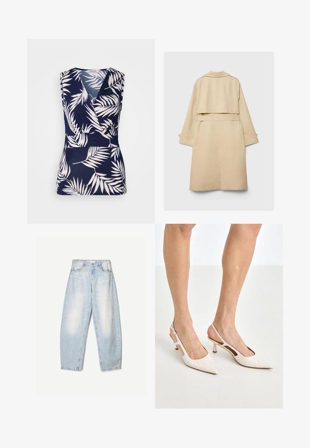 Beżowy trench z krótkim tylnym hemem, długimi rękawami i paskiem. Wykonany z gładkiego materiału, posiada wykładany kołnierz i boczne rozcięcia.; Granatowy bezrękawnik z nadrukiem w formie owinięcia, z białymi wzorami liści tropikalnych, gładką fakturą i dekoltem w kształcie litery V.; Jasnoniebieskie dżinsy o luźnym kroju, z wyblakłym wykończeniem, dwoma przednimi kieszeniami i zapięciem na guzik w talii.; Beżowe lakierowane szpilki z odkrytą piętą, zakończone spiczastym noskiem i 5 cm obcasem, z wyciętymi bokami oraz cienkim paskiem na kostce.