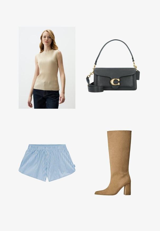 Beżowy trench z krótkim tylnym hemem, długimi rękawami i paskiem. Wykonany z gładkiego materiału, posiada wykładany kołnierz i boczne rozcięcia.; Beżowy top bez rękawów z pionowymi zaszyciami, wysokim dekoltem i gładką fakturą, w połączeniu z ciemnoniebieskimi dżinsami.; Niebieskie i białe krótkie spodenki w paski z elastycznym pasem, dwoma guzikami z przodu i luźnym krojem. Tkanina wydaje się gładka i lekka w dotyku.; Karmowe zamszowe botki do kolan na słupku, z ostrym noskiem i gładką fakturą. Minimalistyczny design bez ozdób.; Czarna skórzana torba na ramię z akcentami w kolorze złotym, wyposażona w charakterystyczne zapięcie, odpinany pasek na ramię oraz teksturowaną powierzchnię.