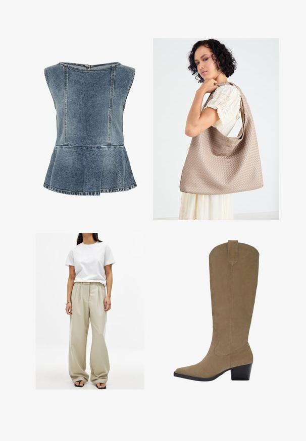 Beige trenchcoat med kort bakslut, långa ärmar och bälte. Tillverkad av slät tyg, har en notchad krage och sidofickor.; Denim peplum-topp i ljusblått, med rund halsringning, ärmlös design och synlig söm detalj längs sömmarna. Dragkedjestängning bak.; Beiga vida byxor med framfåror och en slät textur, kombinerat med en figurnära vit bomullströja. Svarta flip-flops fulländar looken.; Knähöga tanfärgade mockastövlar med spetsig tå, staplad klack och sömdekoration längs sidorna. Slät struktur och väldefinierad design.; Vävd beige tote-väska med en avslappnad design och ett enda axelband. Har ett texturerat mönster över hela ytan.