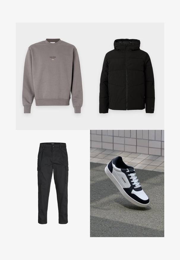 Veste matelassée noire avec capuche, dotée d'une fermeture zippée sur toute la longueur, de surpiqûres horizontales et de poignets élastiques pour un ajustement confortable.; Sweatshirt en coton gris avec un col rond côtelé et des poignets côtelés, portant le texte "ESS.WRD." imprimé en noir sur le devant.; Pantalons cargo noirs en tissu résistant, dotés de plusieurs poches, d'une fermeture par bouton et d'une coupe slim avec des jambes fuselées.; Baskets en cuir blanc et marine avec semelle texturée, design à lacets et étiquette de marque. Comprend une zone de orteils perforée et un col rembourré.