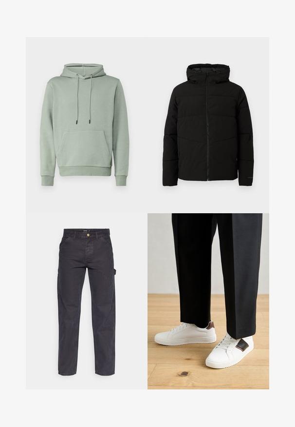 Jachetă neagră căptușită cu glugă, având un fermoar complet pe față, cusături orizontale și manșete elastice pentru o fixare strânsă.; Jack & Jones JJEBRADLEY HOOD - Bluză de molton - iceberg green; Pantaloni cargo gri închis, confecționați dintr-un material durabil, cu croială dreaptă, cinci buzunare și închidere cu nasture la talie.; Sneakers albe cu textură netedă, având accente din piele maro și detalii negre, asociate cu pantaloni negri pe măsură. Fundal din podea din lemn.