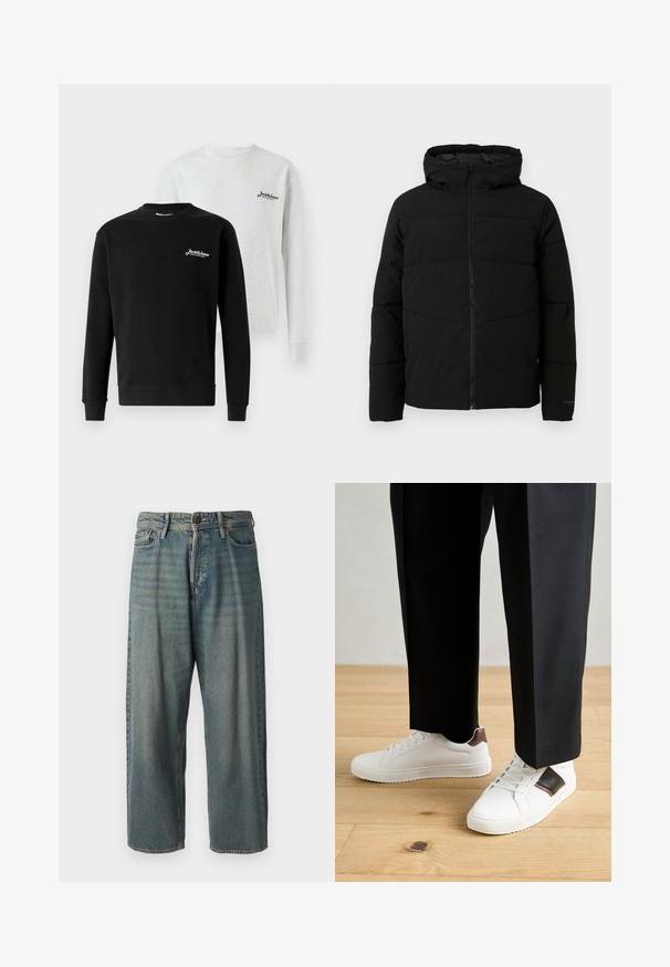 Casaco acolchoado preto com capuz, apresentando um fecho de correr frontal completo, costuras horizontais e punhos elásticos para um ajuste confortável.; Sweatshirts de gola redonda em preto e cinza com mangas longas, apresentando bordado de logotipo no peito, feitos de material de algodão macio.; Jeans de ganga azul claro com um corte solto, cintura média e pernas retas. Apresenta cinco bolsos, passadores de cinto e fecho com botão.; Ténis brancos com textura suave, apresentando elementos em pele castanha e detalhes em preto, combinados com calças pretas ajustadas. Fundo de chão de madeira.