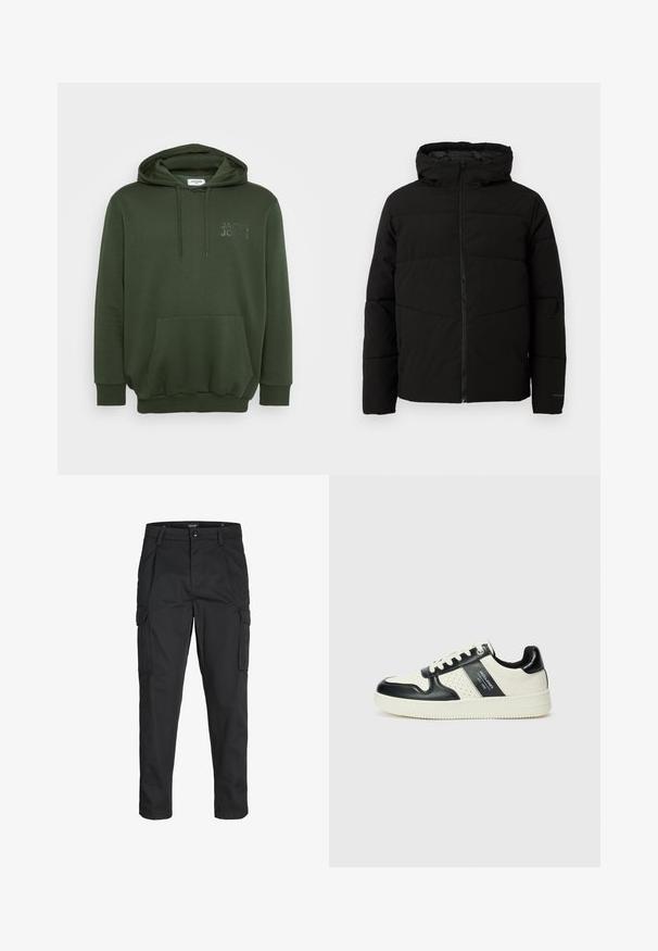Chaqueta acolchada negra con capucha, que cuenta con un cierre frontal completo, costuras horizontales y puños elásticos para un ajuste ceñido.; Sudadera de color verde oliva con un bolsillo frontal, capucha con cordón y logotipo en relieve en el pecho. Fabricada con una tela suave y texturizada.; Pantalones cargo negros hechos de tela resistente, que cuentan con múltiples bolsillos, un cierre de botón y un diseño de corte slim con piernas ajustadas.; Zapatillas de cuero con un esquema de colores negro y crema, que cuentan con acentos perforados, un collar acolchado y una suela texturizada.