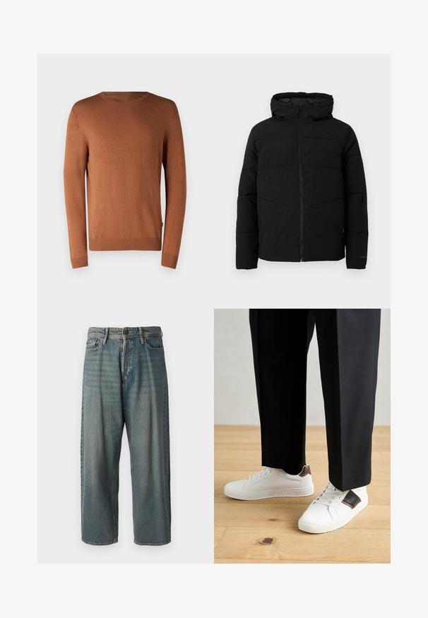 Czarna, pikowana kurtka z kapturem, z pełnym zapięciem na zamek z przodu, poziomym przeszyciem i elastycznymi mankietami dla lepszego dopasowania.; Brązowy sweter dzianinowy z okrągłym dekoltem, długimi rękawami, prążkowanymi mankietami i dolnym wykończeniem, cechujący się gładką teksturą i prostym wzorem.; Jasnoniebieskie dżinsy o luźnym kroju, średnim stanie i prostych nogawkach. Posiadają pięć kieszeni, szlufki na pasek oraz zapięcie na guzik.; Białe trampki o gładkiej fakturze, z brązowymi skórzanymi akcentami i czarnymi detalami, zestawione z czarnymi eleganckimi spodniami. Tło stanowi drewniana podłoga.