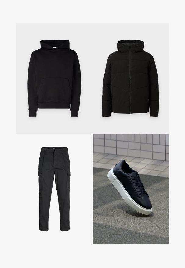 Veste matelassée noire avec capuche, dotée d'une fermeture zippée sur toute la longueur, de surpiqûres horizontales et de poignets élastiques pour un ajustement confortable.; Hoodie noir en tissu doux, doté d'une poche kangourou, de poignets côtelés et d'une capuche avec cordon de serrage. Aucune motif ni logo visible.; Pantalons cargo noirs en tissu résistant, dotés de plusieurs poches, d'une fermeture par bouton et d'une coupe slim avec des jambes fuselées.; Baskets noires en cuir avec bout arrondi et semelle en caoutchouc blanc. Elles présentent des lacets plats et une couture minimale sur la tige. Semelle texturée pour une bonne adhérence.