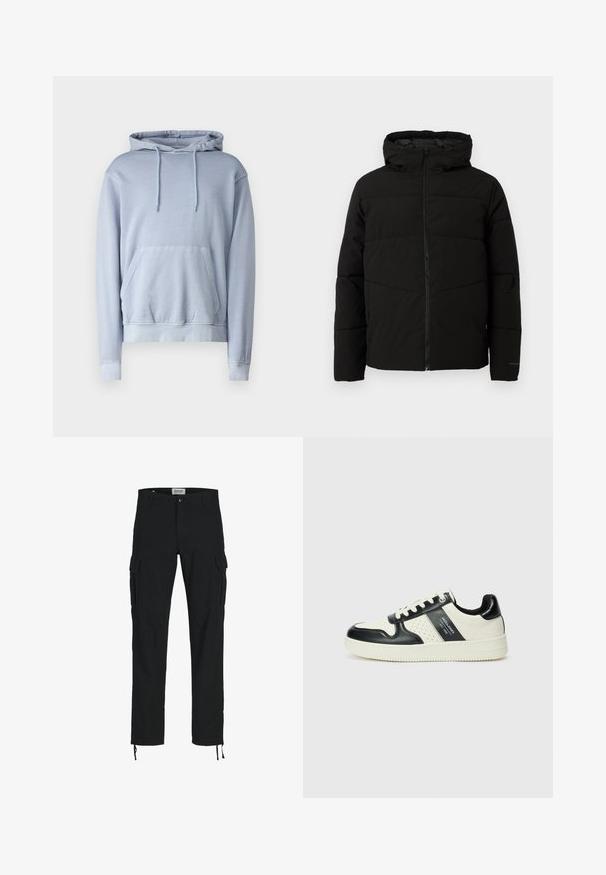 Black padded jacket with a hood, featuring a full front zipper, horizontal stitching, and elastic cuffs for a snug fit.; Light blue hoodie made of soft fabric with a front pocket, drawstring hood, and ribbed cuffs and hem. Smooth, basic design with no patterns.; Black cargo pants with a straight cut, featuring side pockets, a button closure, and elastic drawstrings at the ankles. Made from durable fabric.; Leather sneakers with a black and cream color scheme, featuring perforated accents, a padded collar, and a textured outsole.