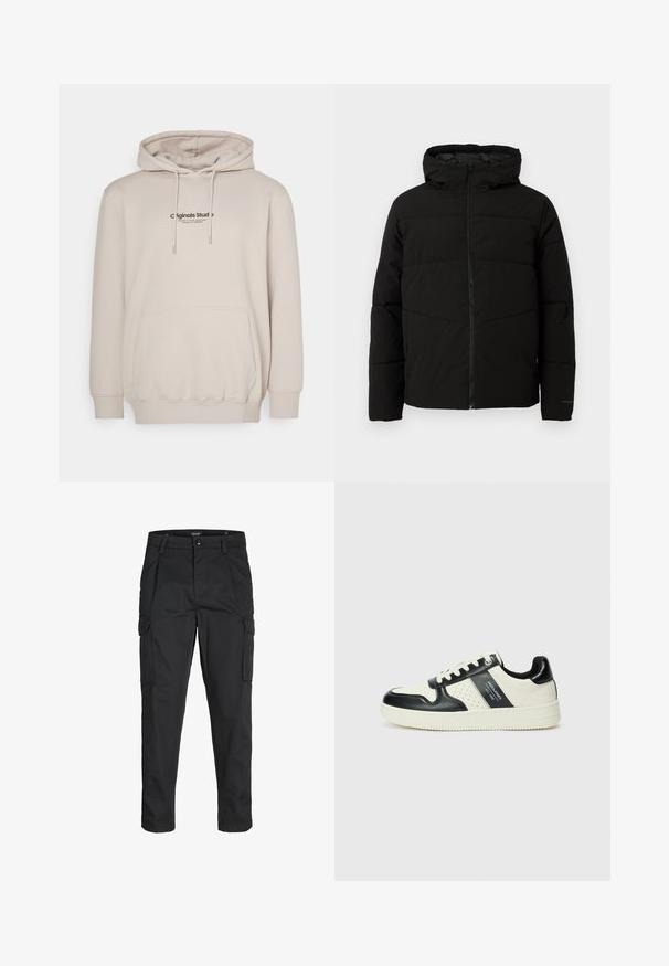 Černá vycpaná bunda s kapucí, má plný přední zip, horizontální švy a elastické manžety pro pohodlné nošení.; Jack & Jones JORVESTERBRO HOOD - Mikina s kapucí - moonbeam; Černé cargo kalhoty vyrobené z odolné tkaniny, s mnoha kapsami, knoflíkovým zapínáním a slim fit střihem se zúženými nohavicemi.; Kožené tenisky s černobílou barevnou kombinací, které mají perforované detaily, polstrovaný límec a texturovanou podrážku.