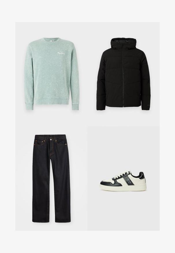 Juodas pūkuotas džemperis su kapišonu, turintis viso ilgio užtrauktuką, horizontaliu siuvinėjimu ir elastingomis rankogaliais, užtikrinančiais patogų prigludimą.; Šviesiai žalias megztinis, pagamintas iš minkštos medžiagos, su apvaliu kaklu, ilgomis rankovėmis, raištinėmis rankogaliais ir maža balta logo ant krūtinės.; Vyrų tiesaus kirpimo juodi džinsai iš denim medžiagos, su penkiomis kišenėmis ir oranžinėmis siūlėmis, su mygtuko ir užtrauktuko uždarymu ant priekio.; Odiniai sportbačiai juodos ir kreminės spalvų schemoje, su perforuotais akcentais, paminkštinta apykakle ir tekstūruotu padu.
